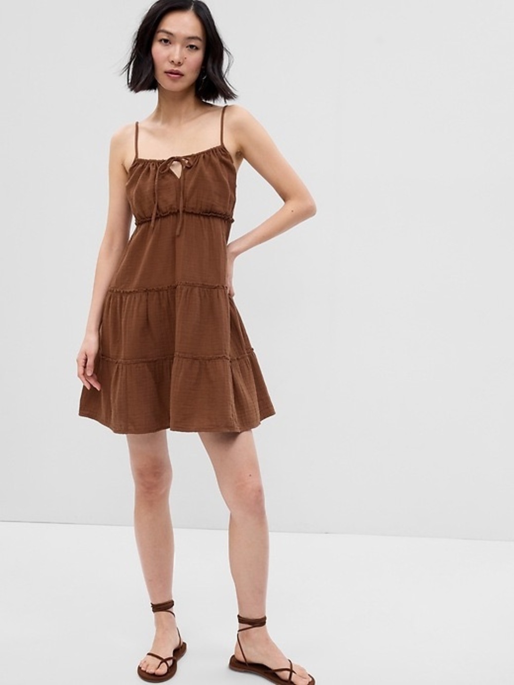 GAP Crinkle Gauze Tiered Mini Dress Brown Large